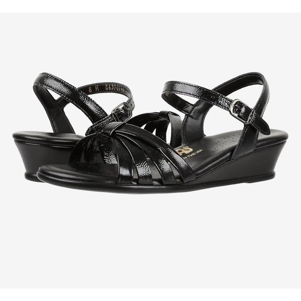 SAS Strippy Quarter Strap Black Patent Leather Wedge Sandals Size 10WW
